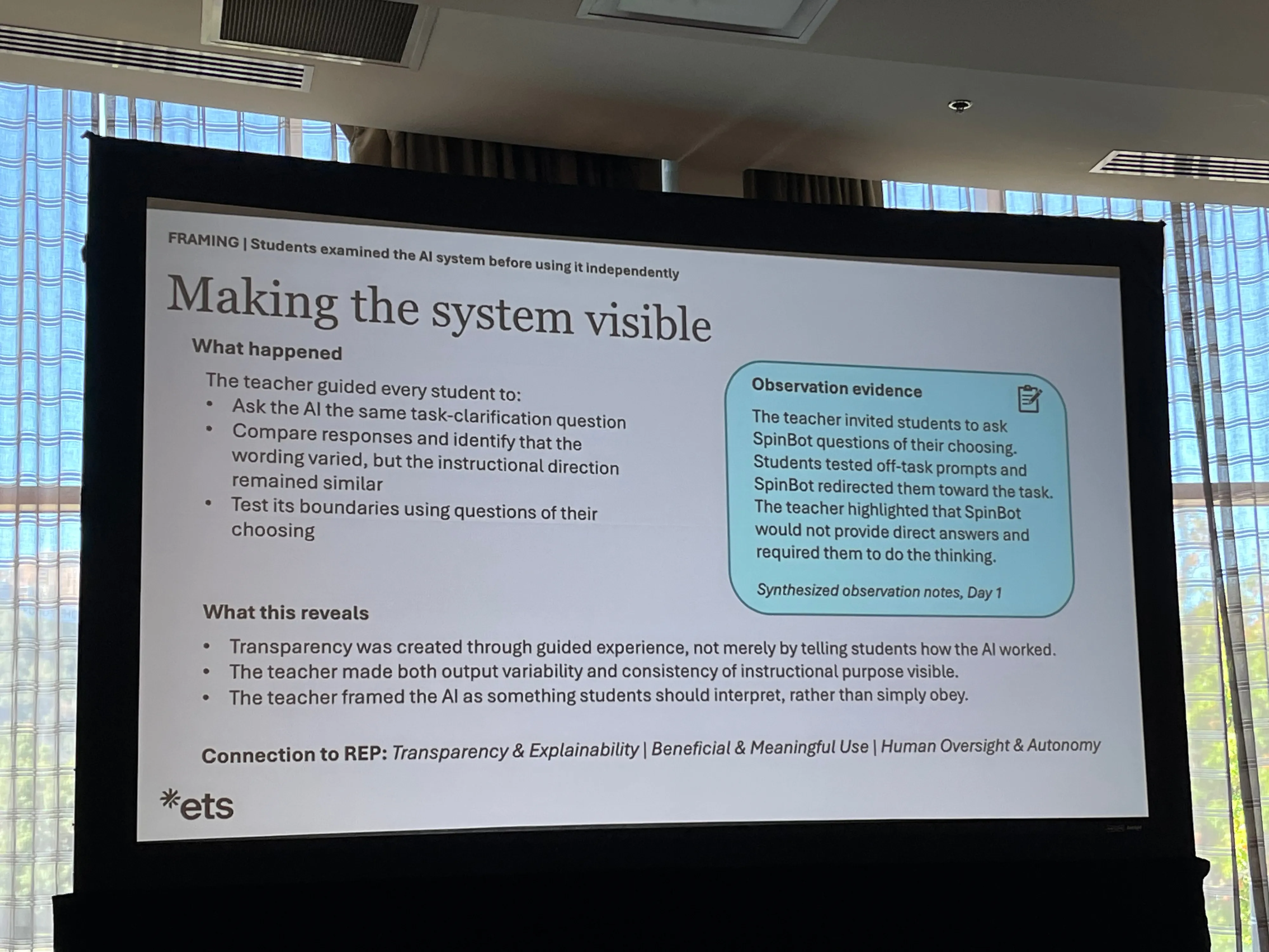 Slide from an ETS presentation: "Making the system visible." The teacher guided every student to ask the AI the same task-clarification question, compare responses, and test its boundaries with questions of their choosing. Takeaway: transparency was created through guided experience, not merely by telling students how the AI worked.
