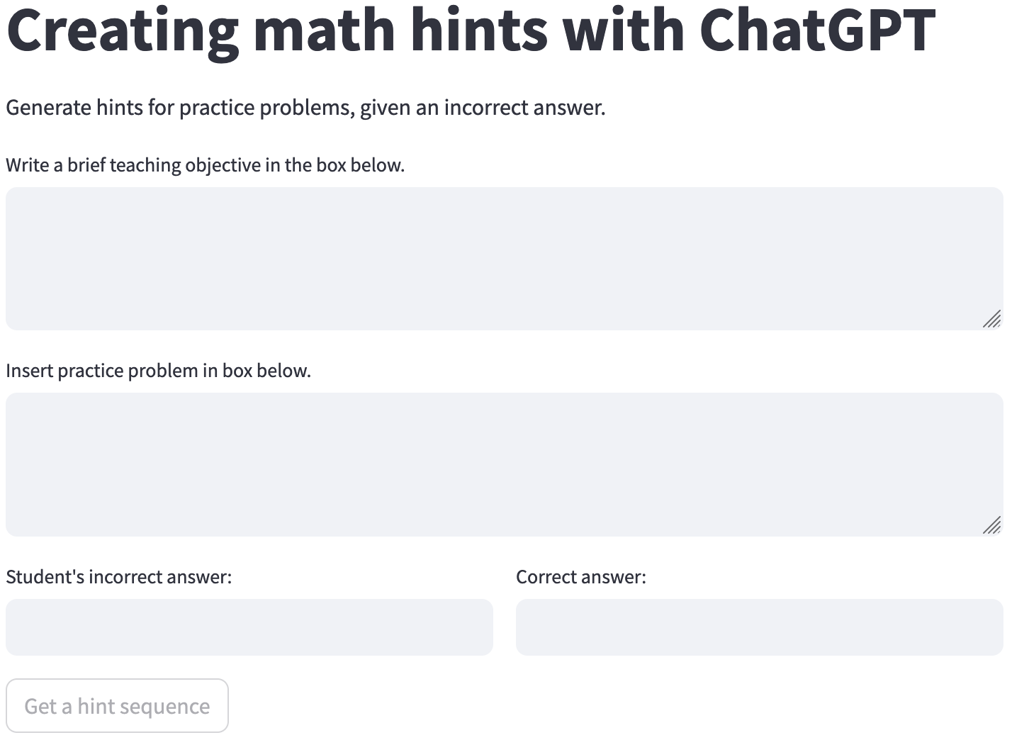 Screenshot of demo interface for "Creating math hints with ChatGPT", featuring entries for a teaching objective and a practice problem to generate a hint for.